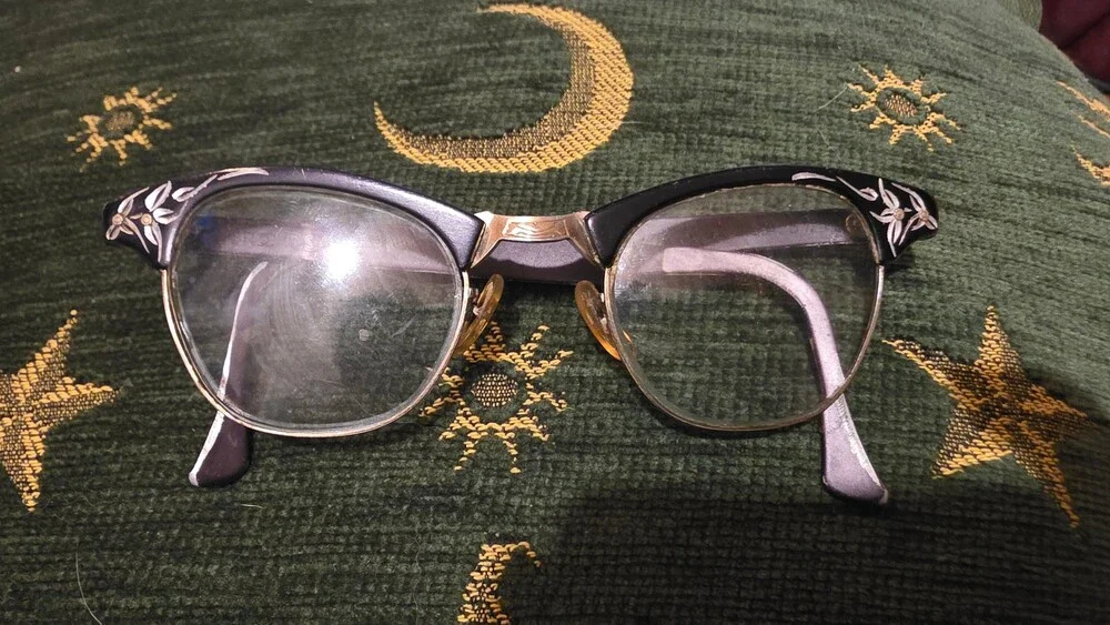 10k gp Black Floral Cat Eye Eyeglasses Vintage Style Glasses